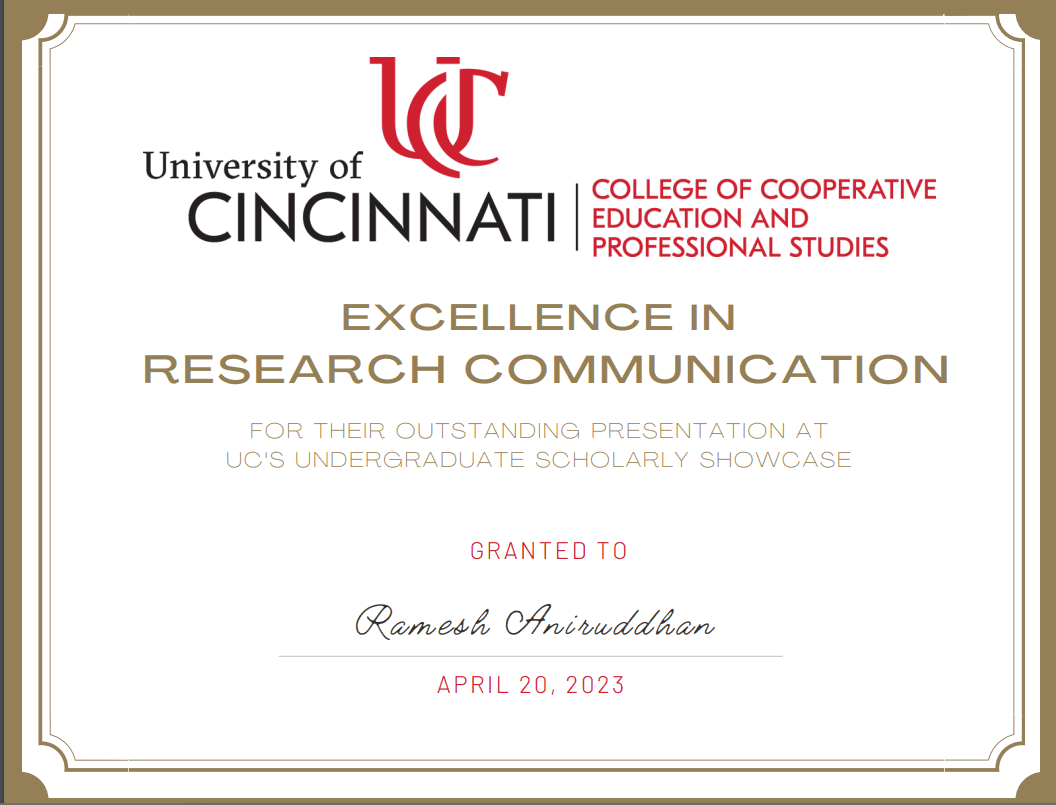 Excellence in Research Communication certificate from UC's College of Cooperative Education and Professional Studies, granted to Ramesh Aniruddhan on April 20, 2023