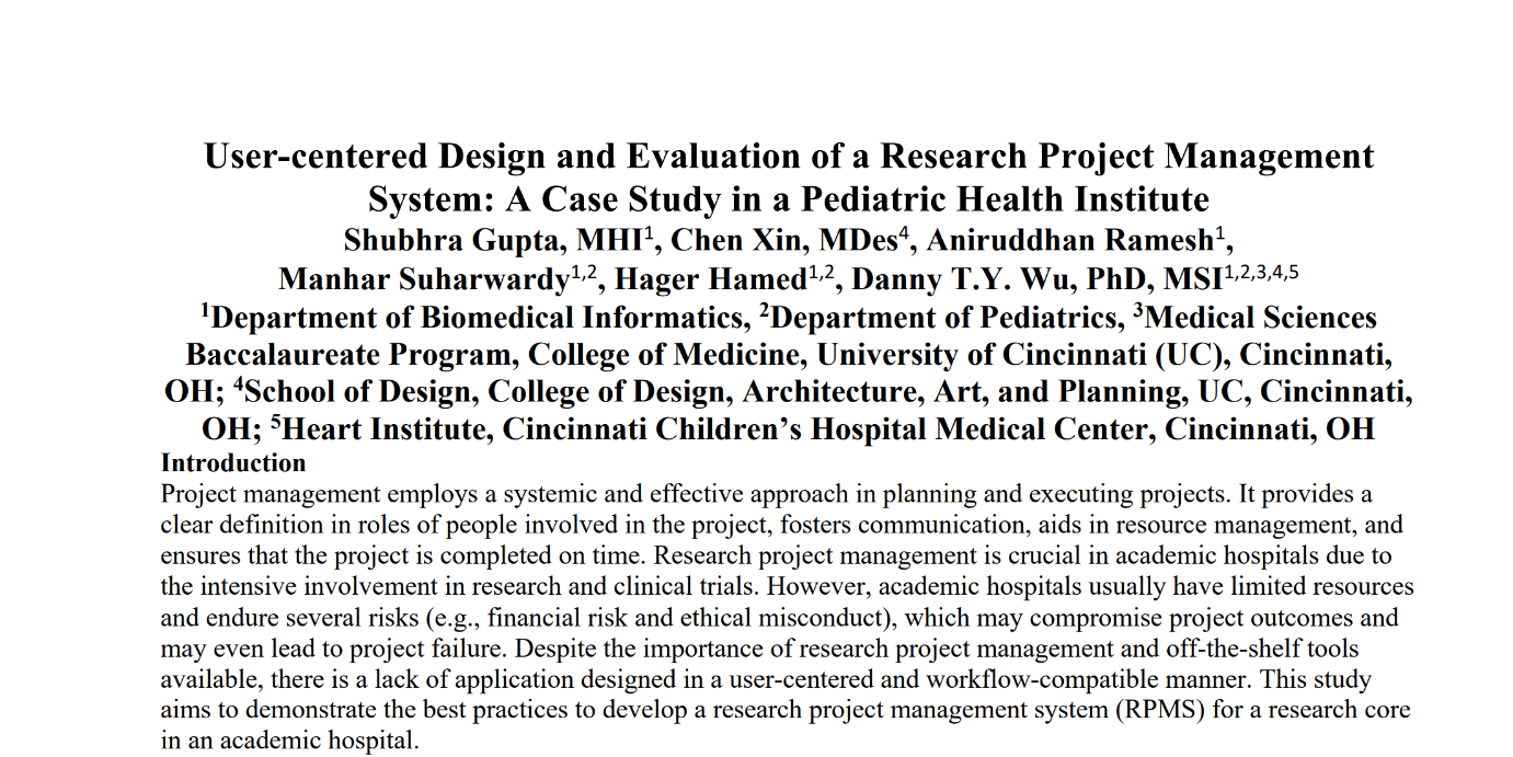 First page of the co-authored research paper titled User-centered Design and Evaluation of a Research Project Management System: A Case Study in a Pediatric Health Institute