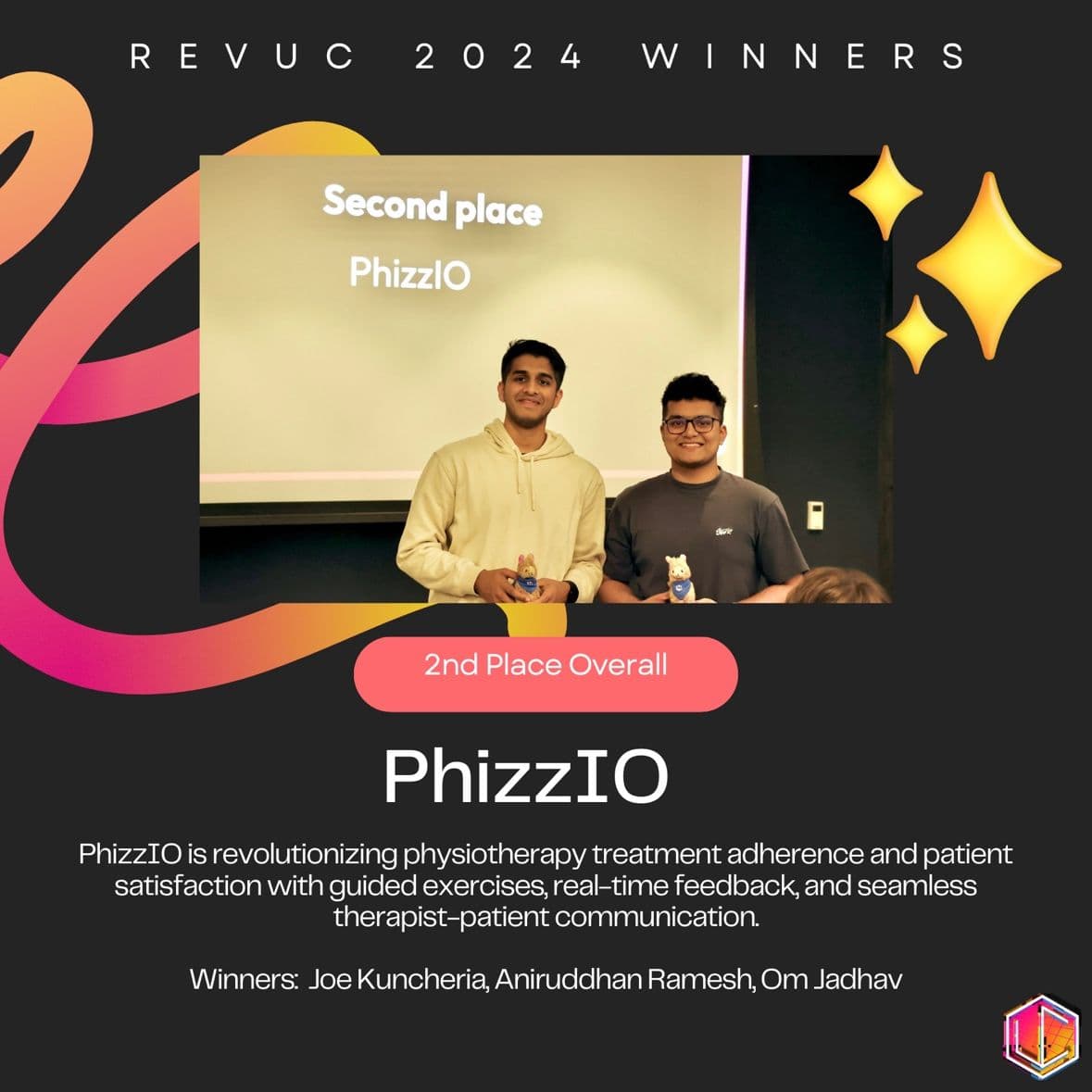 RevUC 2024 winners graphic announcing PhizzIO as second place overall, with Aniruddhan and a teammate on stage holding trophies